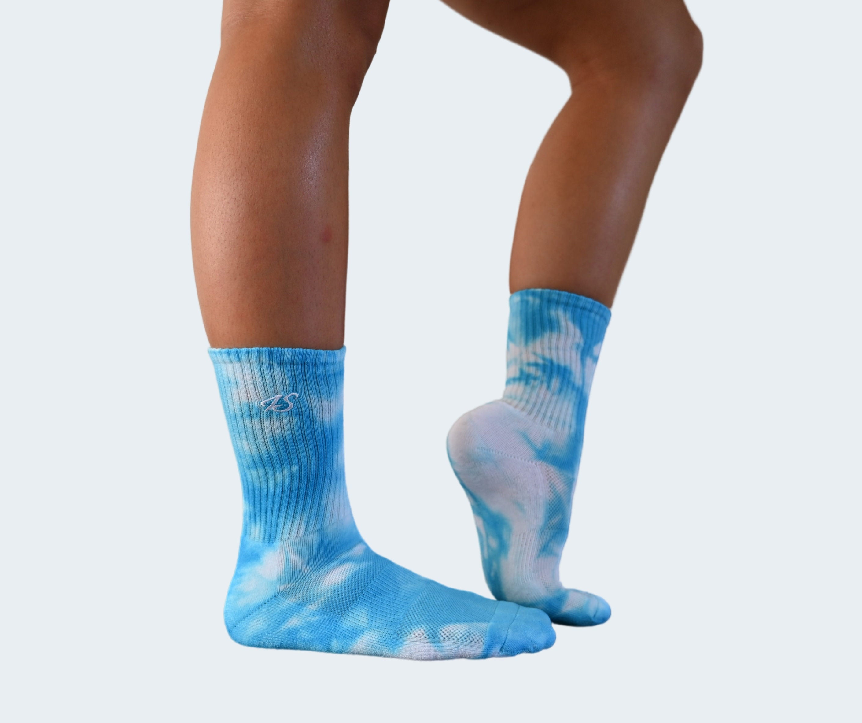 blue and white tie dye socks